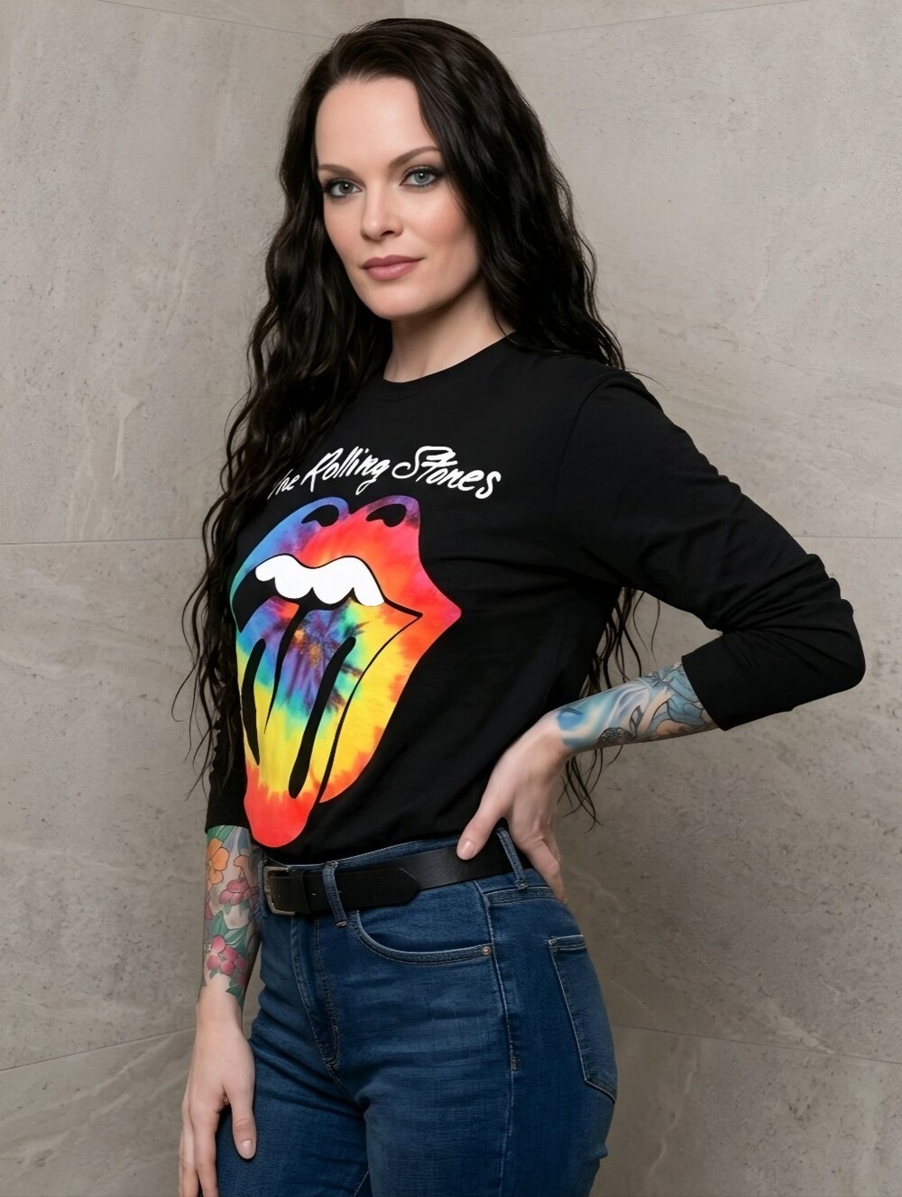 Fashion Nova Rolling Stones Tie Dye Graphic Long Sleeve Boyfriend Tee Top Sz S